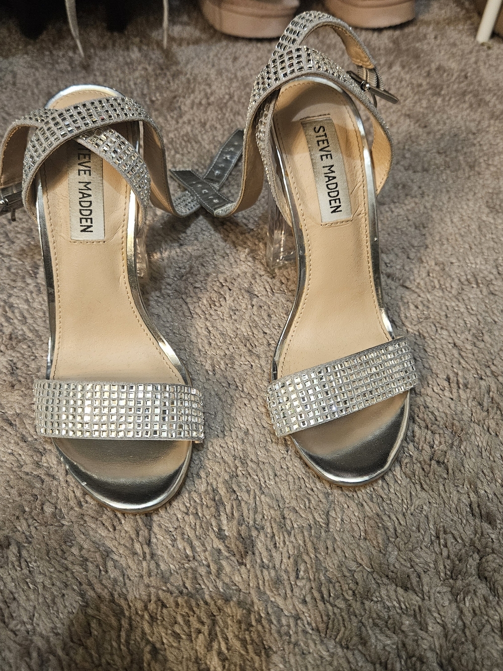 Steve Madden Silver Crystal Strap Block Heels